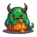This adorable, spherical monster oozes bright slime while sporting a surprisingly innocent expression. With its vibrant green and orange body, ridged horns, and rosy cheeks, this pixel art creature is equal parts cute and quirky.