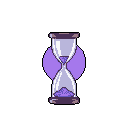 This pixel art depicts a stylized, magical hourglass with light purple sand flowing into a sparkling, darker purple mound, all radiating a soft purple glow. The image evokes a sense of timelessness and mystery, transforming a simple object into a captivating artifact.