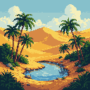This pixel art captures a tranquil desert oasis, where lush greenery surrounds a refreshing pool of water. Rolling sand dunes stretch into the distance beneath a bright sky, creating a serene and inviting sanctuary.
