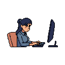 A pixel art image depicts a focused woman working late at her computer, her expression hinting at concentration or fatigue. The minimalist style and dark background emphasize her solitary task and create a quiet, introspective mood.