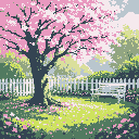 A blossoming cherry tree dominates this peaceful pixel art garden scene, its pink petals scattered across the lush green grass. A white picket fence and inviting bench complete the idyllic picture of a serene spring day.