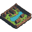 This isometric pixel art showcases a fortified village with brown buildings and vibrant green patches surrounding a light blue lake, evoking a sense of peaceful self-sufficiency within its protective walls.