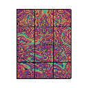 This pixel art features a mesmerizing grid of nine panels, each filled with swirling, psychedelic patterns in vibrant reds, teals, yellows, and purples. The abstract composition evokes a retro-futuristic feel with its chaotic beauty.