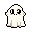 This pixel art features a cute, minimalist ghost with big, innocent eyes floating against a stark black background. The friendly, sheet-like spirit evokes a nostalgic, whimsical vibe with its simple design and endearing expression.