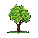 A lone, pixelated deciduous tree with vibrant green foliage and a sturdy brown trunk stands serenely against a stark black background. The simple yet striking image evokes a sense of tranquility and nostalgic charm.