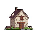 This pixel art image showcases a rustic two-story house, rendered in earthy tones with weathered details. The simple structure evokes a peaceful, nostalgic mood, standing alone against a stark black background.
