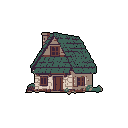 This pixel art features a charming, isolated cottage with a distinctive teal roof and rustic stone walls, rendered in muted, earthy tones against a stark black background. The quaint dwelling evokes a sense of peaceful solitude and storybook nostalgia.