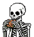 This pixel art depicts a skeleton in stark white against a black backdrop, contemplating a stylized heart it holds to its mouth. The macabre scene blends morbid curiosity with a retro aesthetic, creating a surreal and slightly humorous image.