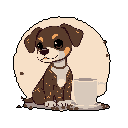 This charming pixel art features an utterly adorable puppy sitting patiently beside a coffee mug, its gentle gaze and warm colors radiating cozy vibes. The circular light background accentuates the puppy's cuteness, creating a heartwarming and peaceful scene.