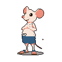 This charming pixel art features a cute, anthropomorphic mouse with a friendly expression, clad in blue shorts and a vest. Standing demurely with crossed arms, the pastel-colored character is the sole focus against a stark black background.