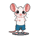 This adorable pixel art depicts a friendly, anthropomorphic mouse with large, expressive eyes and a gentle smile, wearing blue shorts and flip-flops. The character's endearing design and casual pose create a cute and inviting vibe, making it a charming focal point against the black background.
