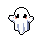 A cute, stylized pixel art ghost floats with a wide-eyed, innocent expression, enhanced by pink blush marks. Shaded in white and light purple-grey, the friendly apparition stands out against a stark black background, evoking a sense of gentle charm.