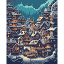 This pixel art image showcases a cozy, snow-covered alpine village at night, where warmly lit houses cascade down a mountainous landscape. The scene evokes a peaceful and nostalgic feeling with its intricate details and harmonious blend of cool and warm colors.
