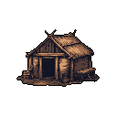 This pixel art depicts a weathered, rustic wooden shack with possible Norse influences, suggested by decorative elements on its gabled roof. The dwelling, rendered in warm browns and sepia tones, stands alone against a stark black background, evoking a sense of solitude and rugged antiquity.