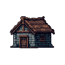 This pixel art depicts a solitary, rustic stone house with a thatched roof, exuding a simple, sturdy charm. Details like the wooden door, barred window, and visible structural beams create a humble, hand-built feel.