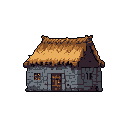This pixel art depicts a weathered, rustic hut with a thatched roof, rendered in earthy tones to evoke a sense of antiquity and simple living. A glowing window hints at life within the aged stone structure.