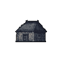 This pixel art image showcases a simple, thatched-roof house rendered in muted grays, evoking a sense of historical or fantasy simplicity. The isolated building appears humble and functional, possibly hinting at a medieval or rural setting.