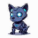 This pixel art features a cute, futuristic robot dog in a seated pose. Its cool blue-grey body is accented by vibrant cyan glows in its eyes and details, creating a charming and tech-savvy aesthetic.