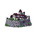 This pixel art showcases a fortified village perched atop a rocky outcrop, its muted colors and architectural details evoking a sense of ancient resilience and quiet strength. Sparse green foliage accents the somber tones of the structure.