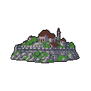This pixel art showcases a fortified castle settlement perched on a rocky outcrop, featuring detailed buildings and robust walls. The muted color palette and intricate textures evoke a sense of ancient resilience and quiet majesty.