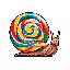 This pixel art showcases a charming snail with a shell resembling a vibrant, swirled lollipop. The creature's earthy tones contrast beautifully with its colorful, candy-inspired home, creating a whimsical and eye-catching image.