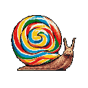 This pixel art features a charming snail with a vibrant, rainbow swirl lollipop for a shell. The whimsical design pops against the stark black background, creating a quirky and fantastical image.