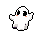 A charming pixel art ghost floats serenely with wide, innocent eyes and rosy pink blush, its simple design radiating a gentle and cute vibe.