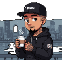 This pixel art portrait features a tattooed man in a hoodie and "Supreme" cap, holding a coffee cup with a smirk. The urban cityscape backdrop adds to the cool, contemporary vibe.