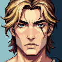 This pixel art headshot features a serious, anime-styled character with striking blue eyes and a prominent scar. His swept-back blonde hair frames a face conveying determination or trouble, set against a simple blue gradient background.
