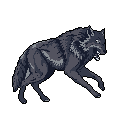 This pixel art showcases a fierce wolf in a dynamic, snarling pose, its intense white eyes cutting through the darkness. The limited color palette and aggressive stance create a powerful impression of untamed wilderness.