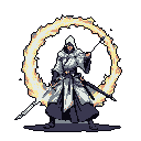 A hooded warrior, poised with dual katanas, stands ready amidst a fiery, glowing aura. His dynamic stance and the mystical energy suggest immense power about to be unleashed.