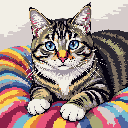 A pixelated tabby cat with striking blue eyes rests peacefully on a vibrant, multi-colored cushion. The adorable feline stares directly at the viewer, creating a warm and endearing connection.