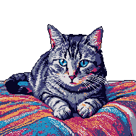A curious pixel art cat with striking blue eyes lies comfortably on a patterned blanket, its alert gaze capturing a moment of quiet observation.