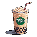 Enjoy a refreshing pixelated treat with this detailed artwork featuring a cup of creamy boba tea, complete with tapioca pearls and a playful red and white straw. The vibrant colors and meticulous pixel work bring this modern beverage to life against a stark black backdrop.