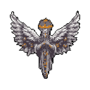 A pixel-art angel, perhaps a statue, stands in solemn majesty, its wings spread wide and a golden crown adorning its head. The figure's grayscale palette is punctuated by touches of gold, hinting at divine power and ancient grace.