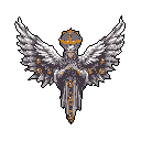 A majestic pixel art angel with intricate wings and golden accents evokes a sense of mystique and solemn power. The figure, posed in reverence, dominates the frame with its detailed design and striking contrast against the dark background.