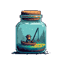 This pixel art shows a tiny fisherman in a jar, peacefully angling in his miniature, self-contained world. The dreamy scene features glowing flora and a star-speckled sky, creating a whimsical and tranquil atmosphere.