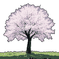 This pixel art showcases a solitary cherry blossom tree in full bloom, its delicate pink and lavender blossoms contrasting beautifully against a stark black background. The detailed pixel work captures the serene beauty of spring, with fallen petals scattered on the grassy ground below.