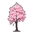 This pixel art image showcases a solitary cherry blossom tree in full bloom, its delicate pink blossoms and dark branches rendered in a nostalgic, peaceful style. The vibrant yet soft color palette and focused composition evoke a sense of natural beauty and tranquility.