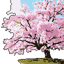 A sprawling cherry blossom tree in full bloom dominates this pixel art image, its pink blossoms creating a serene and beautiful display. The tree's vibrant presence is contrasted by a stark black void on one side and a soft blue sky on the other. Fallen petals at the base evoke a sense of transient beauty and renewal.