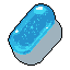 A single, transparent capsule glows with an effervescent blue substance, hinting at a potent and futuristic concoction. The minimalist pixel art uses stark contrasts to emphasize the capsule's glossy form and its mysterious contents.