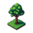 This pixel art showcases a vibrant, isometric tree with detailed shading, rooted in a grassy patch against a stark black background. The nostalgic design and careful pixel work create a peaceful, three-dimensional effect.