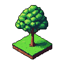 This pixel art image features a stylized tree with a lush green canopy and detailed trunk, rooted in a small patch of grassy earth. Strong lighting and shadows emphasize its form, creating a charming, nostalgic scene.