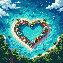 This pixel art image showcases a heart-shaped tropical island, a jewel-toned paradise with sandy beaches and a turquoise lagoon. Hints of other islands and pixelated boats add to the dreamy, romantic scene.