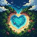 This pixel art depicts a romantic, heart-shaped cove at twilight, complete with tiny swimmers and a boat enjoying the calm waters. Lush vegetation surrounds the beach, creating a tranquil and idyllic island escape under a starry sky.