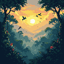 Silhouetted birds take flight in this serene pixel art scene, framed by lush foliage as the sun sets or rises, painting the sky with vibrant light.