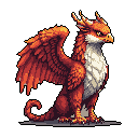 A majestic, pixelated griffin-like creature with fiery red and orange plumage stands proudly, its stern gaze and powerful build radiating ancient strength against a black backdrop.