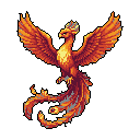 A majestic pixel art phoenix bursts forth with fiery wings, its regal crown hinting at mythical power and rebirth. The vibrant reds, oranges, and yellows create a glowing effect, capturing the awe-inspiring essence of this legendary creature.