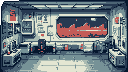 This pixel art depicts a symmetrical, retro-futuristic control room filled with consoles and machinery. A large window reveals a stark, abstract landscape of red peaks against a dark blue background, hinting at an alien world or stylized radar display. The cool color palette and lack of characters evoke a sense of isolation and automated operation.