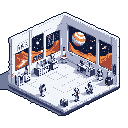 This pixel art depicts a futuristic planetary outpost where four astronauts or scientists in white suits work diligently inside a brightly lit control room. Outside, large windows reveal a stunning alien landscape with reddish-orange hills, a starry night sky, and a banded gas giant. The scene evokes a sense of quiet industriousness and the wonder of space exploration.